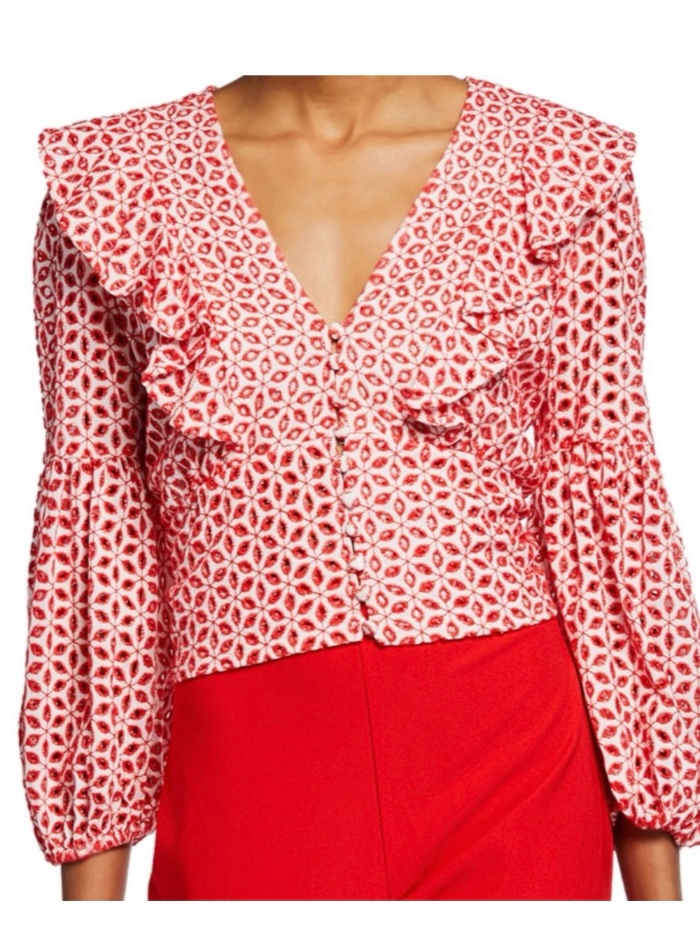 Bardot Red Patterned Ruffle V-Neck Blouse